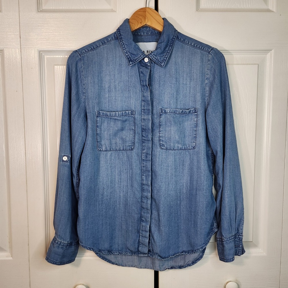 Lola River Womens XS Light Wash Tencel Lyocell Roll Tab Button Down Shirt Blue